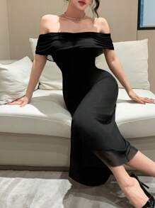 DAZY Vestido elegante con hombros descubiertos, de color negro sólido, con fruncidos en el lateral, superposición de malla, para graduación o fiesta elegante - Negro - Ver 4