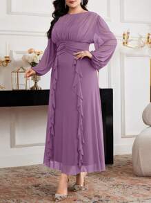 Modelyn 大码女式纯色圆领灯笼袖褶饰下摆优雅连衣裙 - 淺灰紫 - 查看 3