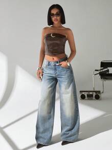 EURMUSE Cowgirl Outfit Y2K Vintage Blue Boyfriend Style Denim Pants Rave Outfits Women's Spring And Summer Loose Wide Leg Jeans - Medium Wash - View 6