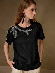 MOTF PREMIUM BEADED EMBROIDERY BOXY T-SHIRT - Black - View 5