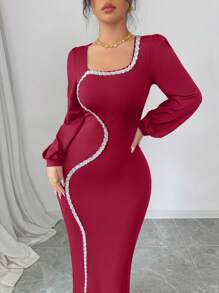 Modelyn Square Neck Sequin Knitted Long Sleeve Women's Dress Fall Cloth For Women - Burgundy - View 3