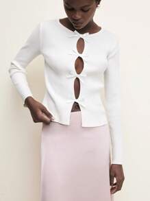 BizChic Women White Long Sleeve Hollow Out Bowknot Crew Neck Knit Cardigan, For Spring And Summer - White - View 4