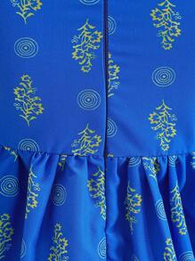 1pc Modest Elegant Red Digital Floral Print Long Sleeve Dress With Golden Trim For Young Girl, Accessorized With Crossbody Bag, Spring - Blue - View 3