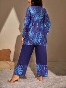 Swim Mulvari 2pcs Plus Size Women Modest Floral Long Sleeve Top And Pants Burkini Set, Conservative Loose Fitting Swimsuit, For Summer Beach Vacation  Clothing Burkinis - Blue - View 2