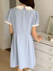 DAZY Color Block Puff Sleeve Mini Dress For Women Summer Sundress - Blue - View 6