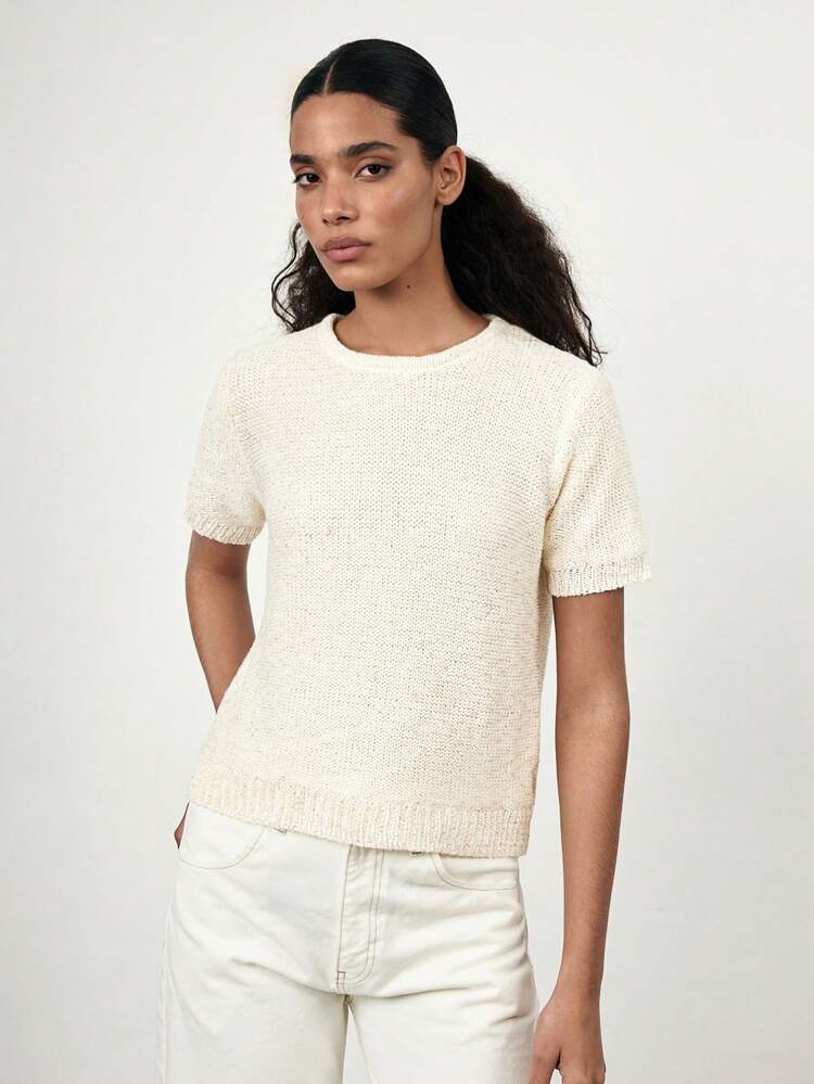 SHEIN Maija 2025 Summer New Knitted Lace Patchwork Short Sleeve Top, Modern Elegant Office Lady Fashion Commuter Minimalist Sequin Crochet Knit Music Festival Beach Vacation Casual City Resort Suitable For Going Out, Party, Wedding, Guest, Graduation Senior Style For Women