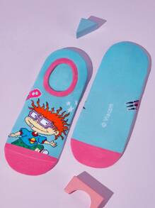 Nick 90s X SHEIN 3 Pairs Women Breathable Soft Boat Socks/Invisible Socks, Reinforced Toe And Heel, Wear All Seasons, Cute Cartoon & Contrast Color