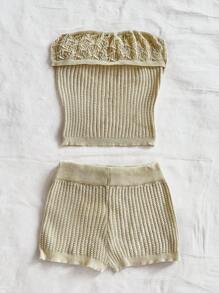 Soleia Conjunto de top corto y shorts ultra-cortos de punto texturizado para mujer, adecuado para fiesta y para usar por capas, atuendo de playa