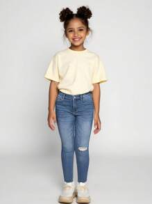 Fashionable Distressed Slim Fit Tween Girl Jeans - Medium Wash - View 1