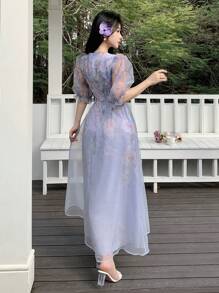 Feyla 女士优雅花卉印花泡泡袖连衣裙 - 藍色 - 查看 4