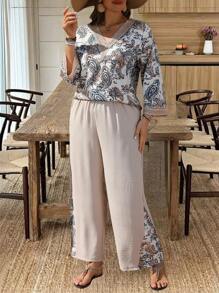 SHEIN LUNE Plus Size Paisley Print Shirt And Pants 2 Pieces Set, Casual Vacation Outfit - Multicolor - View 7