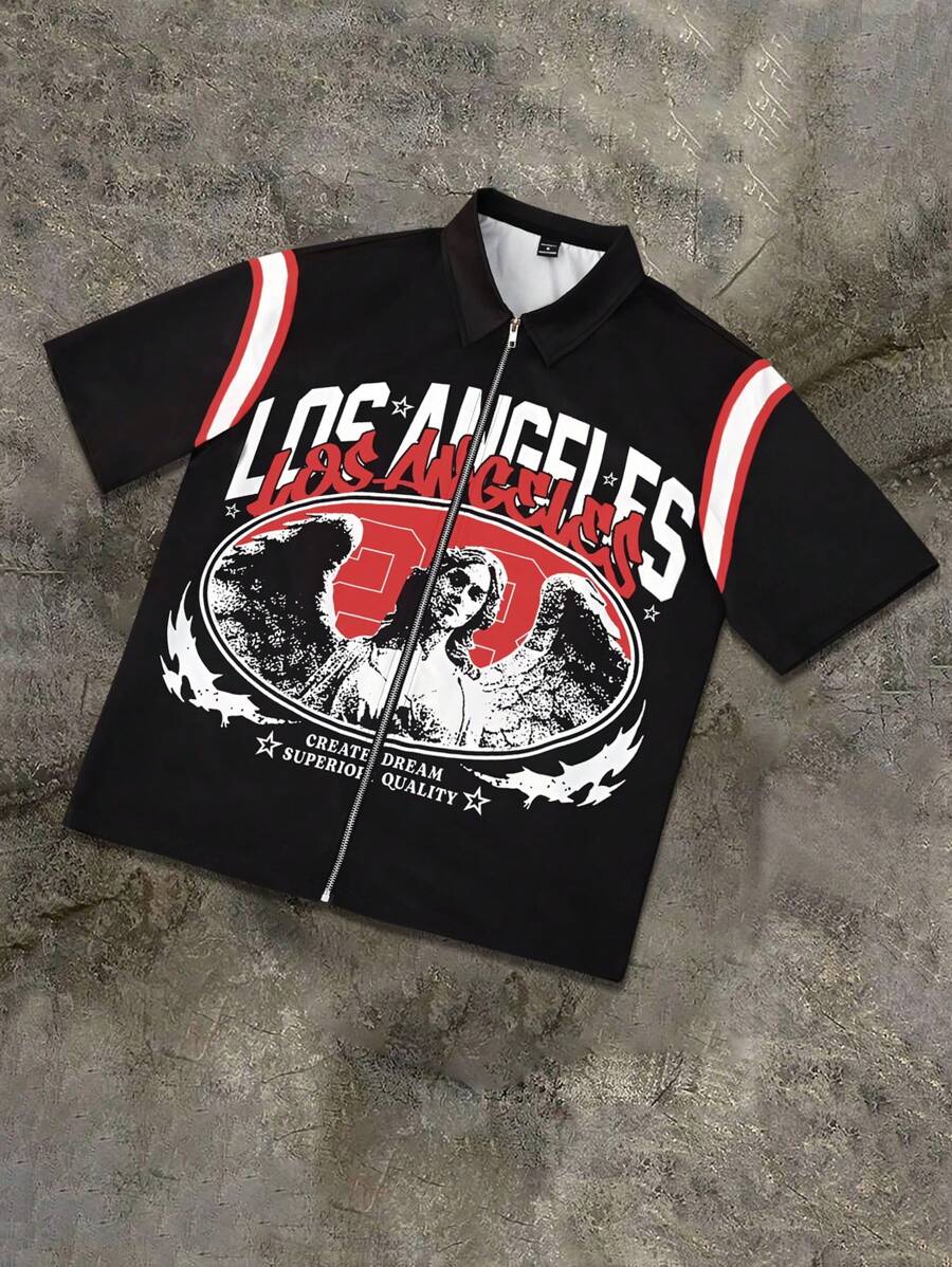 Manfinity EMRG Camisa de manga corta casual de hombre con impresión de letra de ángel