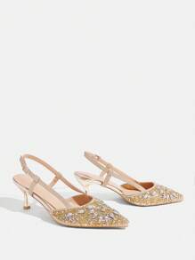 CUCCOO TILAWA Women's Pointed Toe High Heel Rhinestone Wedding Shoes, Gold Closed Toe Party Formal Heels - Gold - View 11