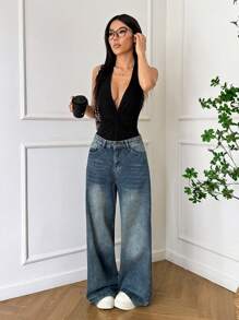 SHEIN EZwear 女式黑色针织挂脖紧身衣 - 黑色 - 查看 3