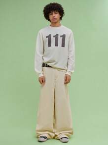 COUREZ 男女通用宽松筒腿白色纯棉长裤 Y2K 复古风 100%纯棉 - 杏色 - 查看 4