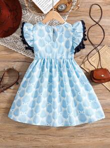 SHEIN Wildeya Little Girls Casual Holiday Dress,White,Summer,Fairy,Family Matching Tropical Botanical Print Ruffled Sleeves Vintage Vacation Clothing - Blue - View 2