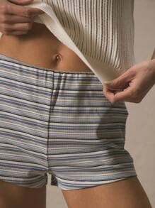 MUSERA Mid Rise Elasticated Waist Micro Mini Shorts Bottom Only Hotpants Summer Cute Vacation Stripe Party Holiday - Multicolor - View 1