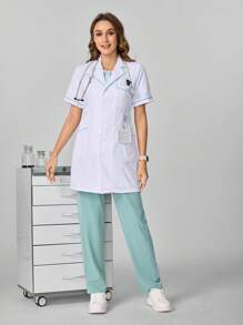 Scrubzie Women's Solid Color Lapel Collar Long Sleeve Pocket Casual Lab Coat Flat Collar Button Front Regular Jacket, Lab Coats Women Colorblock Trim Button Front Scrub Top With Pockets, White Gown For Women Women Scrub Sets For Women Nurse Scrub Sets Women Women Scrub Sets Women Tops Blouses Tee Professional Clothes Women Sets Scrubs Scrub Sets Plus Size Scrub Sets Women Clothing 2 Pieces - White - View 4