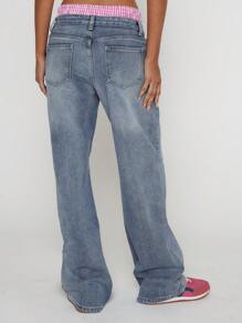 MUSERA Mid Rise Contrast Gingham Waistband Straight Leg Denim Jeans Spring Street Style Cute Summer Chic - Blue - View 4