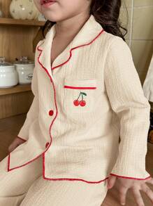 SHEIN Dozemod 女婴可爱简约樱桃印花翻领前开长袖长裤休闲舒适睡衣套装，2 件 - 彩色 - 查看 7