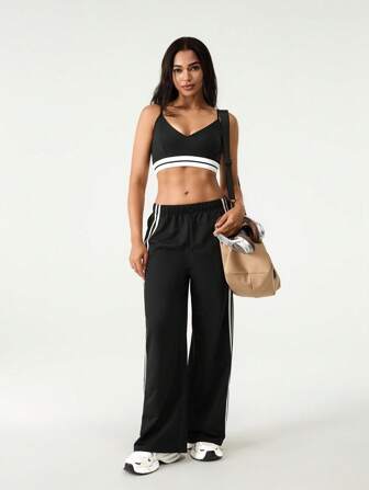 Tropiluxe 2 Stücke Damen Lässig Kontrast Farbig Crop Top und Hose Set