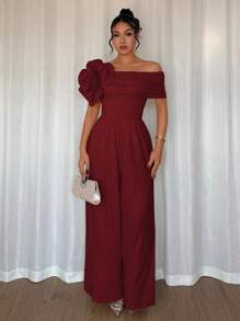 Rafferiza 女士优雅花卉 3D 印花连体裤 - 酒紅色 - 查看 5