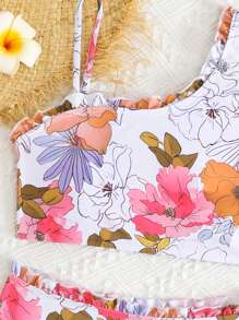 Tween Girl' Ruffled One-Shoulder Floral Print Split Bikini Swimwear, Mommy And Me Matching Outfits (3 Sets Sold Separately) - Multicolor - View 5