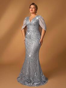 Serin Elegantes romantisches Maxikleid in Große Größen mit V-Ausschnitt, Luxus-Pailletten-Verzierung, Chiffon-Meerjungfrauen-Saum, Abendkleid für besondere Anlässe für Mütter
