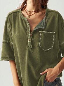 Bohemela 女士休闲纯色针织半开领圆领短袖宽松T恤