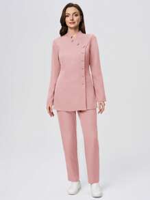 Scrubzie Set Seragam Medis Wanita dengan Atasan Lengan Panjang Kerah Tegak Anti Kerut dan Celana Panjang - Berwarna merah muda - View 6