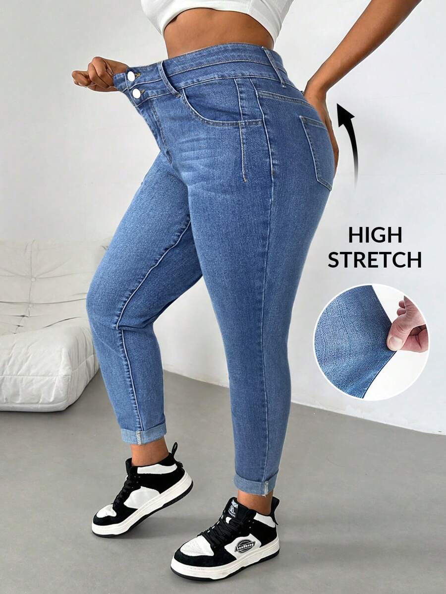 Firerie Plus Size Women's Pocketed Skinny Casual Versatile Denim Jeans - Medium Wash - View 1