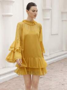 BELROSIE Golden Yellow Elegant Tea Party Women's Shiny Chiffon Layered Ruffle Neck & Cuff Long Sleeve Mid-Length Dress,Autumn Spring Fall Style - Yellow - View 3