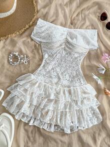 Soleia 春夏纯蕾丝优雅度假荷叶边针织连体裤、女士春季服装、夏季服装、复活节、狂欢节服装、女士西部服装、波西米亚风、牛仔装、女士端庄连衣裙、仙女风、热带度假女士服装、白色新娘送礼会礼服、毕业服装、女士沙滩装、女士早午餐服装、蕾丝、荷叶边、露背、露肩 - 彩色 - 查看 4