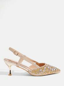 CUCCOO TILAWA Women's Pointed Toe High Heel Rhinestone Wedding Shoes, Gold Closed Toe Party Formal Heels - Gold - View 4