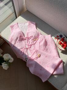 Comfortcana 粉色条纹蝴蝶结印花系带上衣和长裤套装 - 粉色 - 查看 4