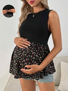 SHEIN Pregnant Women's Casual Ditsy Floral Patchwork Nursing Tank Top - Black - View 1