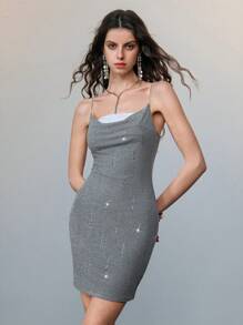 SHEIN LUNE Lace Patchwork Rhinestone Decor Spaghetti Strap Bodycon Mini Dress - Grey - View 8