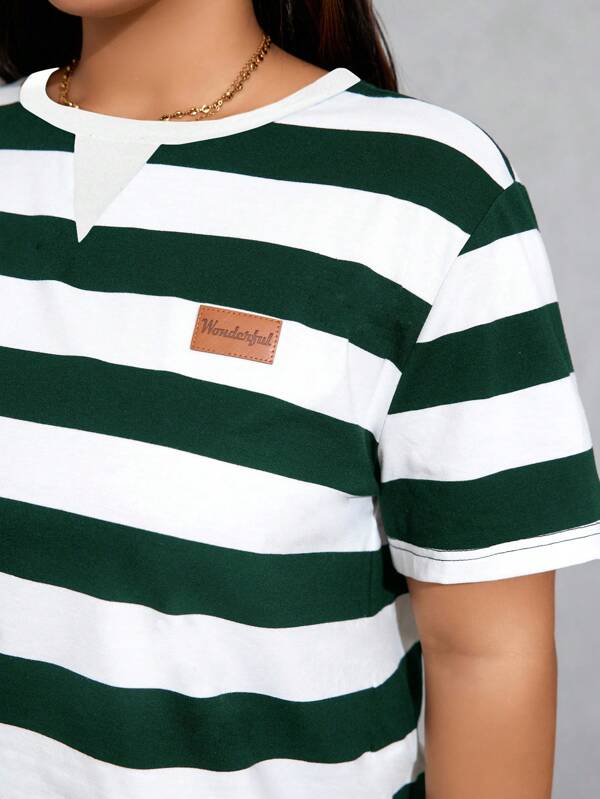 SHEIN Essnce Plus Size Women's Summer Casual Sports Striped Loose T-Shirt, Summer Women's Clothes, Women's Tops, Cute Summer Tops,Back To School Outfits,Black And White Shirt