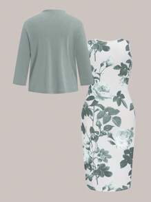 2pcs/Set Plus Size Women Floral Print Bodycon Dress & Solid Cardigan Set