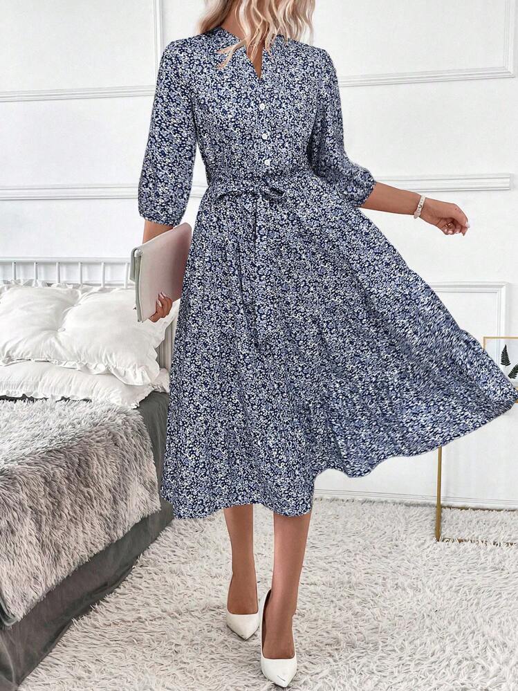 SHEIN Clasi Vestido largo de mujer con cuello alto, con estampado floral ditsy - Azul y blanco - Añade 3