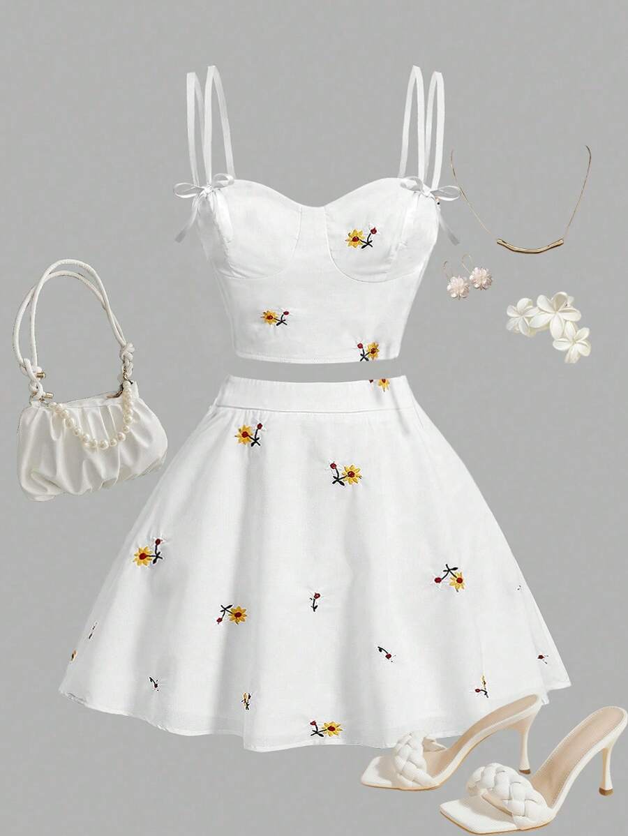 Girlism 少女甜美/花卉刺绣吊带背心和裙子两件套 - 白色 - 查看 1