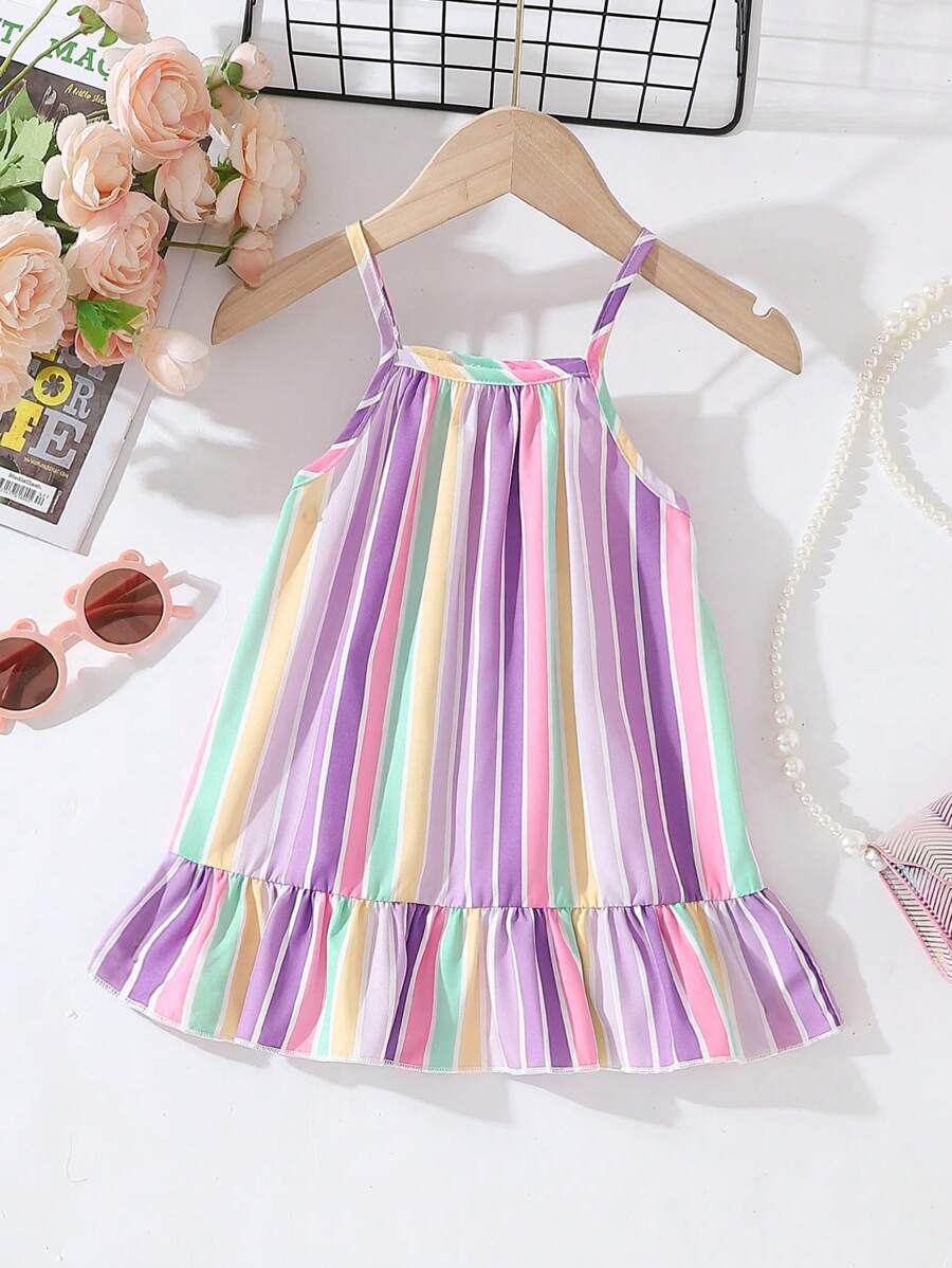 SHEIN Playful Pals Baby Girl Summer Korean Style Casual Cute Multi-Color Striped Print Woven Dress - Multicolor - View 1