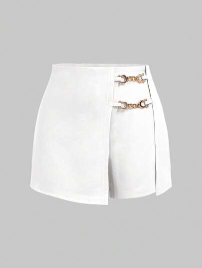 SHEIN Girlism Teen Girl Solid Color Metal Decor Skort, Suitable For Holiday, Valentine's Day, School