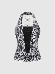 ROMWE J-Fashion Vintage Sexy Lace Splice Halter Keyhole Back Zebra Striped Rhinestone Buckle Women Camisole - Black and White - View 1