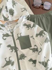 Conjunto de 2 piezas para bebé niño/niña, chaqueta ligera con capucha estampado de dinosaurio en contraste de color y pantalón liso de unicolor, adecuado para primavera, verano, otoño y viajes al aire libre