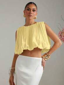 Lumalex Sleeveless Crew Neck Ruched Bubble Hem Crop Top For Women - Yellow - View 6
