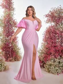 Glamrae Plus Size Light Pink Spring Elegant Formal Special Occasion Wedding Guest Dress,3D Rose Decor Puff Sleeves High Slit Off-Shoulder Evening Party Gown - Pink - View 5