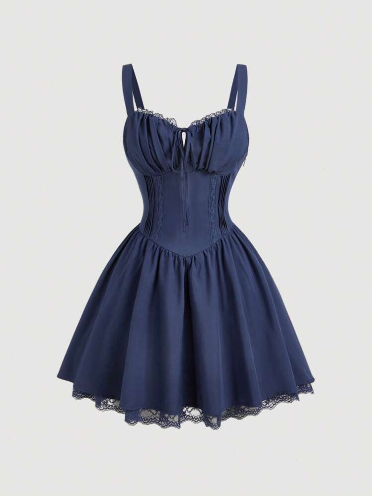 SHEIN MOD Vestido corto con pechera blanca con rayas, encaje y empalmado en la parte de atrás con detalle de lazada - Azul Marino - Añade 1