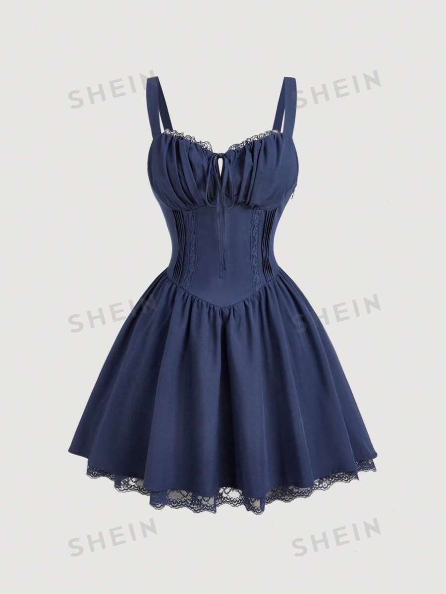 SHEIN MOD Vestido corto con pechera blanca con rayas, encaje y empalmado en la parte de atrás con detalle de lazada - Azul Marino - Ver 1