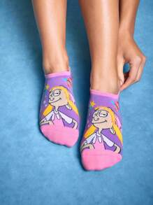 Nick 90s X SHEIN 3 Pairs Women Breathable Soft Boat Socks/Invisible Socks, Reinforced Toe And Heel, Wear All Seasons, Cute Cartoon & Contrast Color